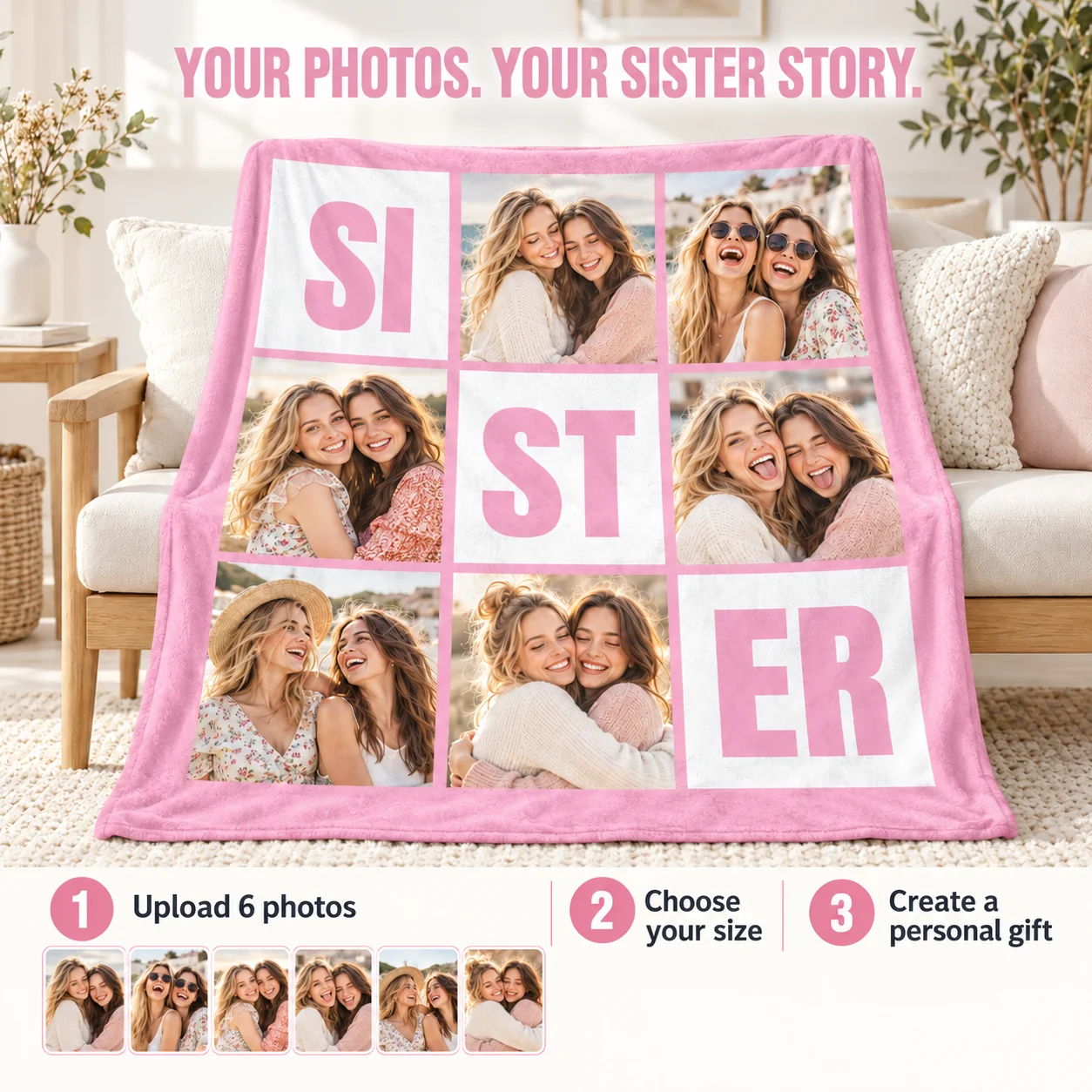 Personalized Sister Soft Throw Blanket with 6 Photos Collage Home Decor Birthday Anniversary Gift for Besties Friends