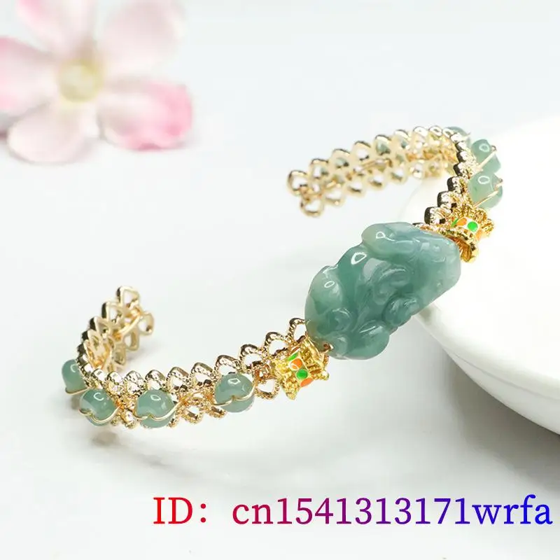 Blue Myanmar Jadeite Flower Pixiu Bracelet Gifts 18K Gold Plated Natural Burmese Jade Designer Real Jewelry Men Accessories