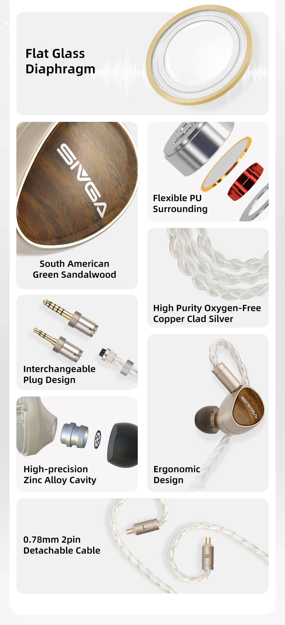 SIVGA Que UTG Flat Glass Diaphragm Dynamic Driver High-Fidelity In-Ear-Kopfhörer mit Kabel, grünes Sandelholz, mit abnehmbarem Kabel – Detail 2