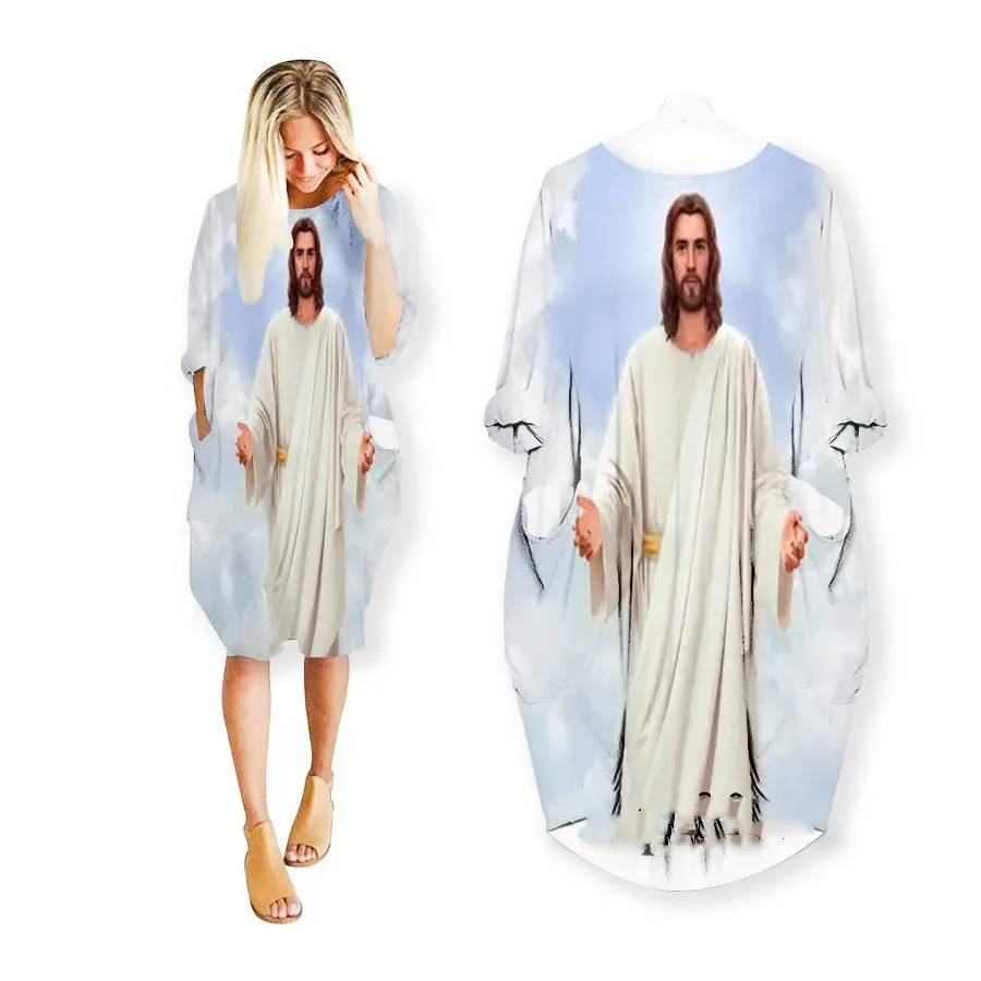 3d Print Jesus Dresses Fashion Casual Dress Plus Size Women Clothing Pocket Long Sleeve Fat Sister Top Big Shirt  Summer Dress