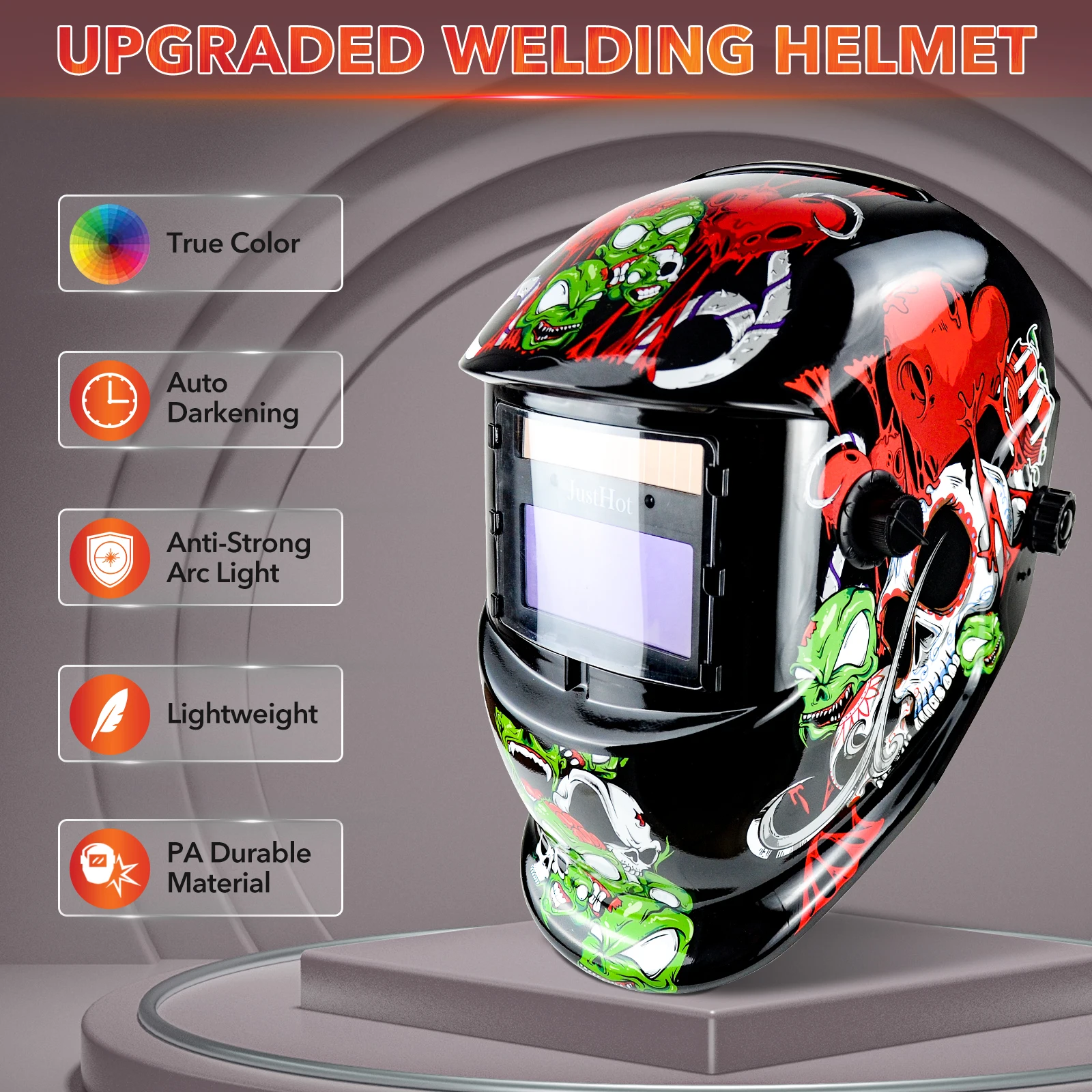 JustHot Flower Skull Welding Helmet True Color Solar Battery Power Welding Mask Auto Darkening Comfort Welding Hood 2 Arc Sensor