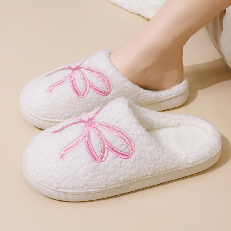 

Pink Bowknot Embroidered Plush Slippers for Women Comfortable Warm Fluffy Winter Slippers Woman White Non Slip Indoor Home Shoes