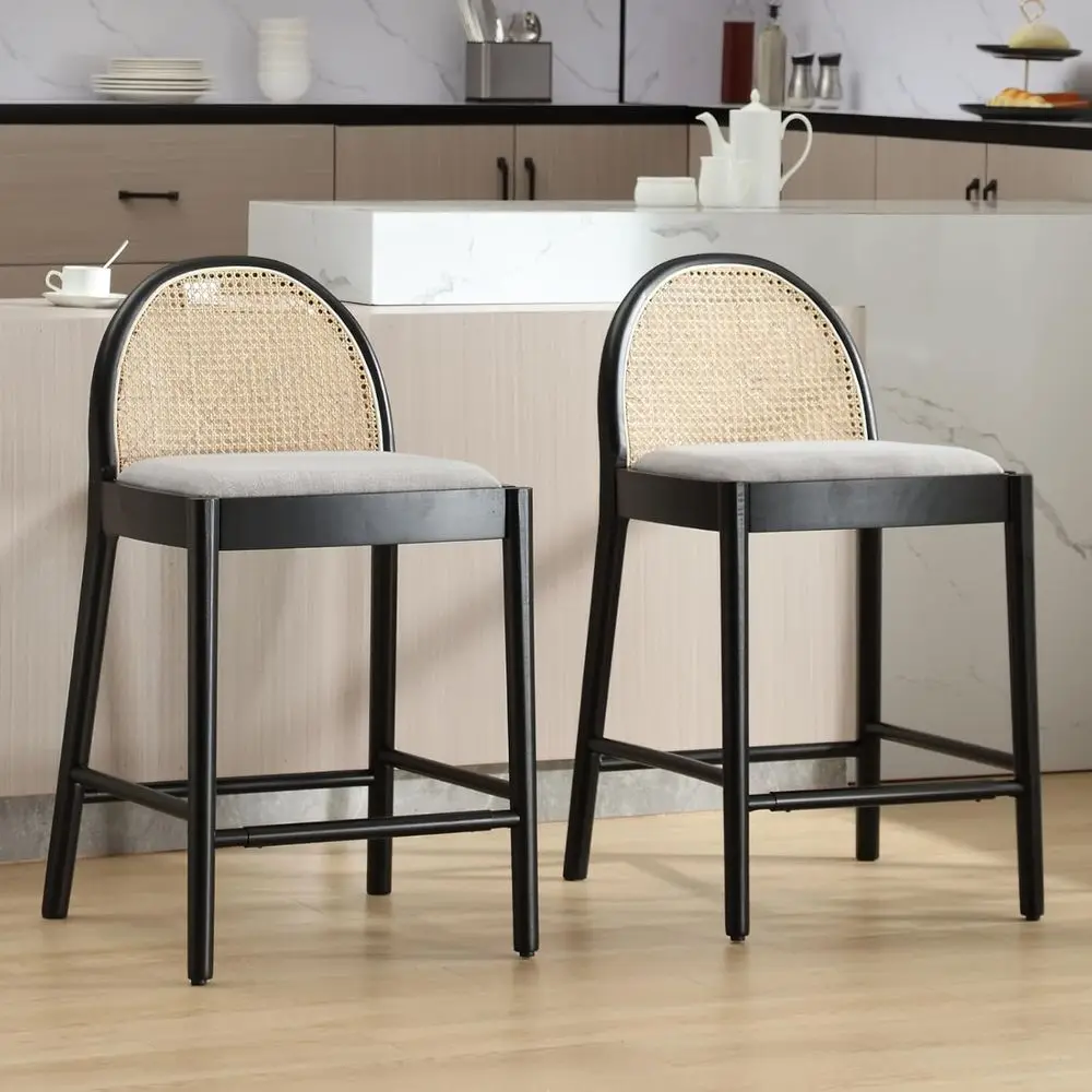 

Set of 2 26 Natural Rattan Cane Back Counter Stools with Wooden Legs, Grey