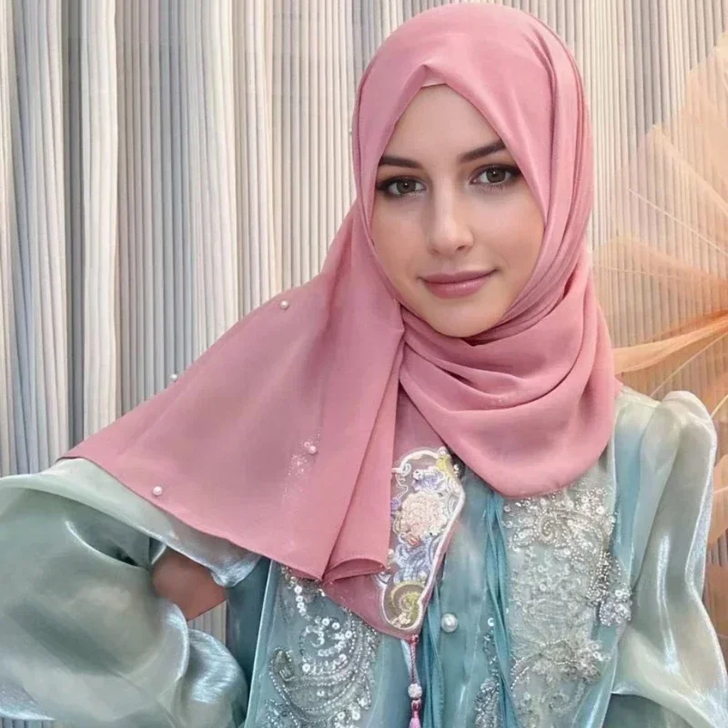 Bordado pérola chiffon lenço quadrado palácio clássico estilo oriental diamante borla envolto hijab médio oriente cabeça muçulmana