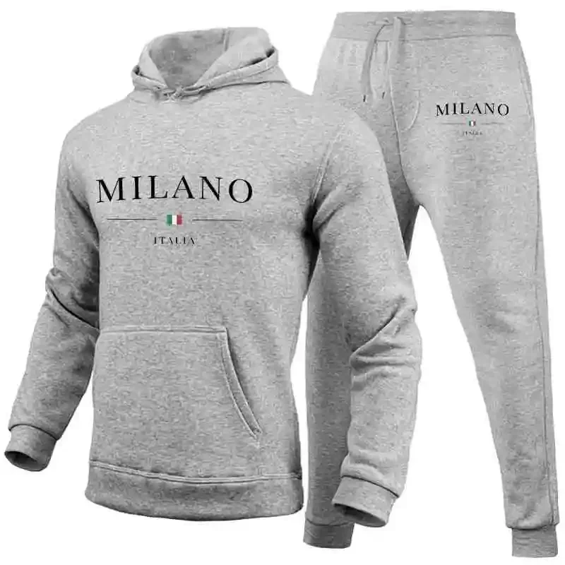 Men\'s Sports Hoodie Set Luxury Milan Print Sweatshirt Sweatpants Hooded Top Jogger Pants Casual Streetwear Sportswear