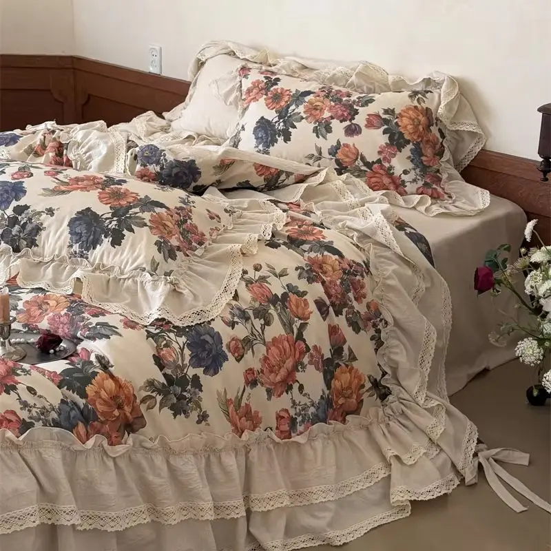 Vintage Oil Painting Floral Cotton Linen Bedding Set Double Layer Lace Ruffles Duvet Cover Set Bed Sheet/Fitted Sheet Pillowcase