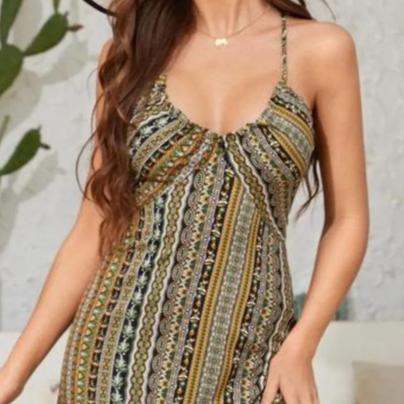 Abito sexy da donna con motivo estivo senza schienale e coscia divisa da donna Boho Fashion con volant e maxi abiti per le vacanze al mare