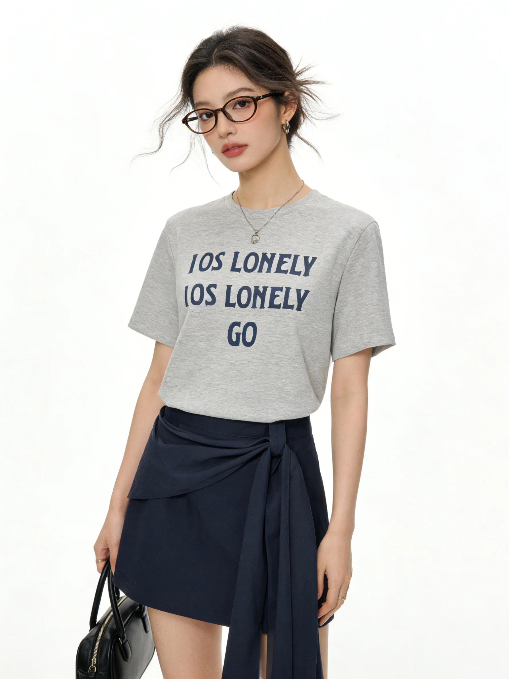 

Корейский повседневный летний комплект: женская футболка с буквенным принтом и юбка А-силуэта с высокой талией, дышащий комплект с коротким рукавом и круглым вырезом