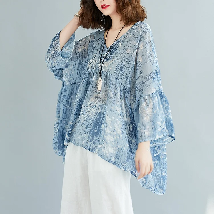 เสื้อยืดผู้หญิงไซส์ใหญ่ คอวี พิมพ์ลาย หลวม ปิดหน้าท้อง ผ้าฝ้ายผสมโพลีเอสเตอร์ แฟชั่นฤดูร้อน สวมใส่สบายๆ