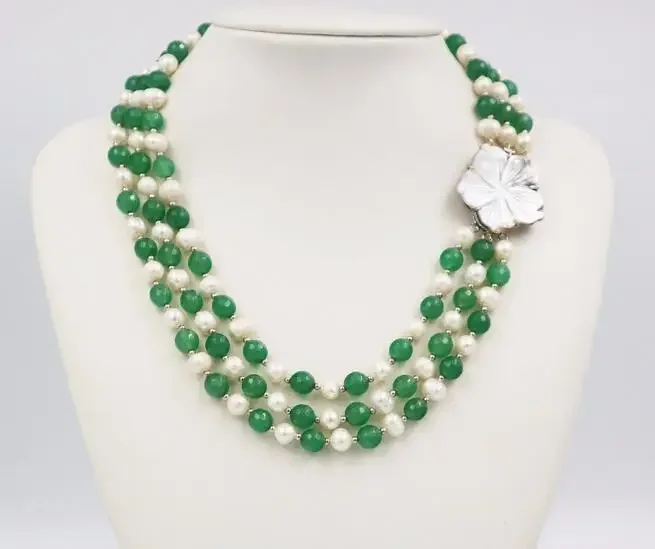 New Fashion Natural Freshwater 3 Rows White 7-8mm Pearl Green Jade Necklace Shell Flower Clasp 17