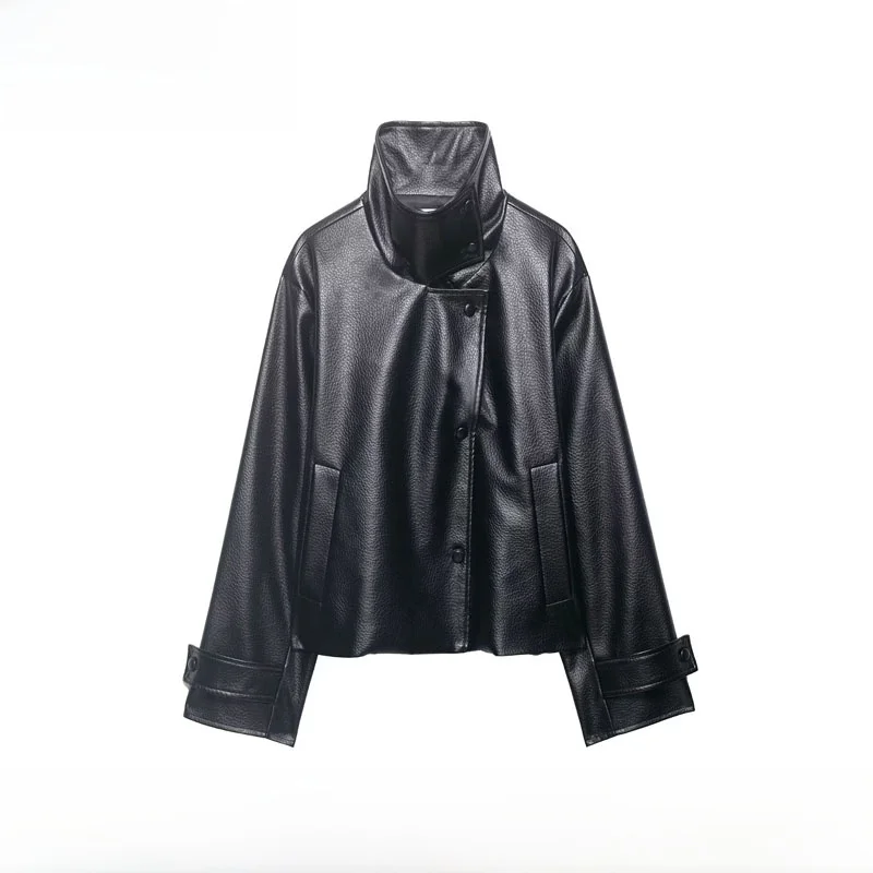 Fashionable Casual Leather Jacket Women's Spring Summer New Arrival Stand Collar Button up Long Sleeve Polyester Fibre