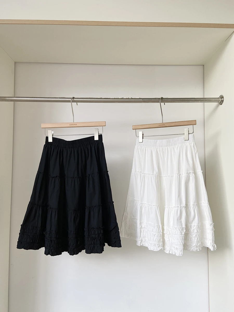 Coreano sle doce plissado bolo f saia de cintura alta magro a linha midi saia para mulher verão 2025 fibra de poliéster 00%