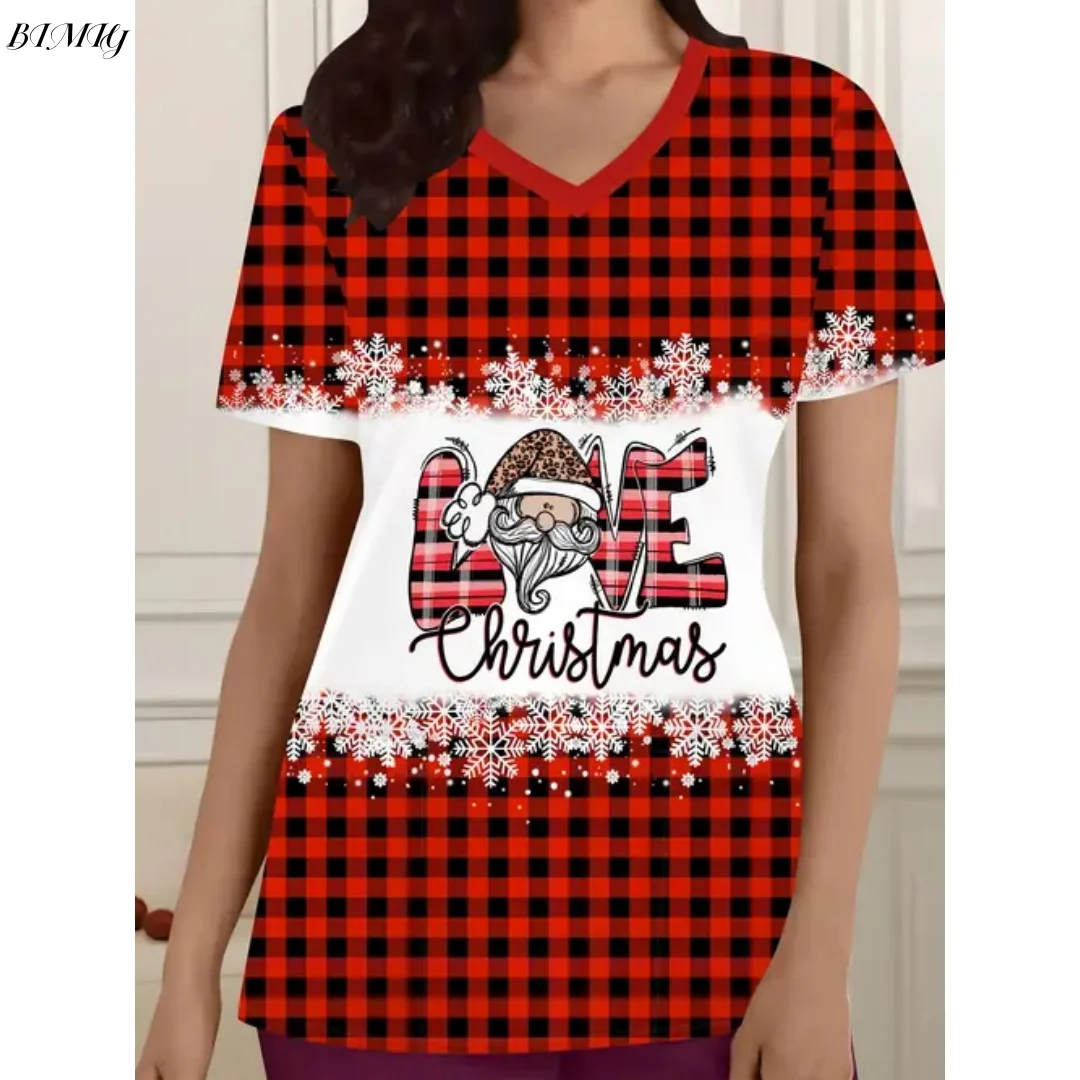 2025 レディース 3D プリント クリスマス ナース ユニフォーム T シャツ - 半袖 V ネック - テーマトップ HO HO HO! キャンディケイン＆スノーフレークプリント