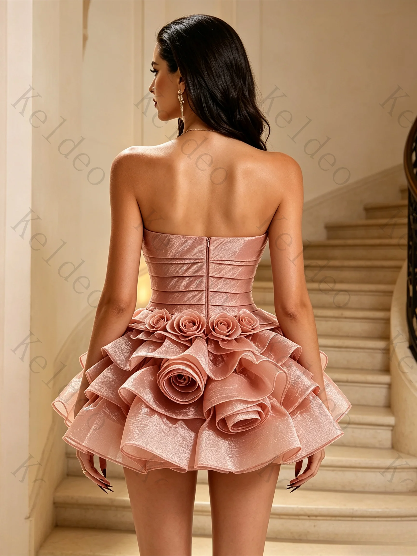 Customized Strapless Pleated Mini Cocktail Gown 3D Rose Ruffle Tiered Short Dress for Birthday Homecoming Formal Party Occasion