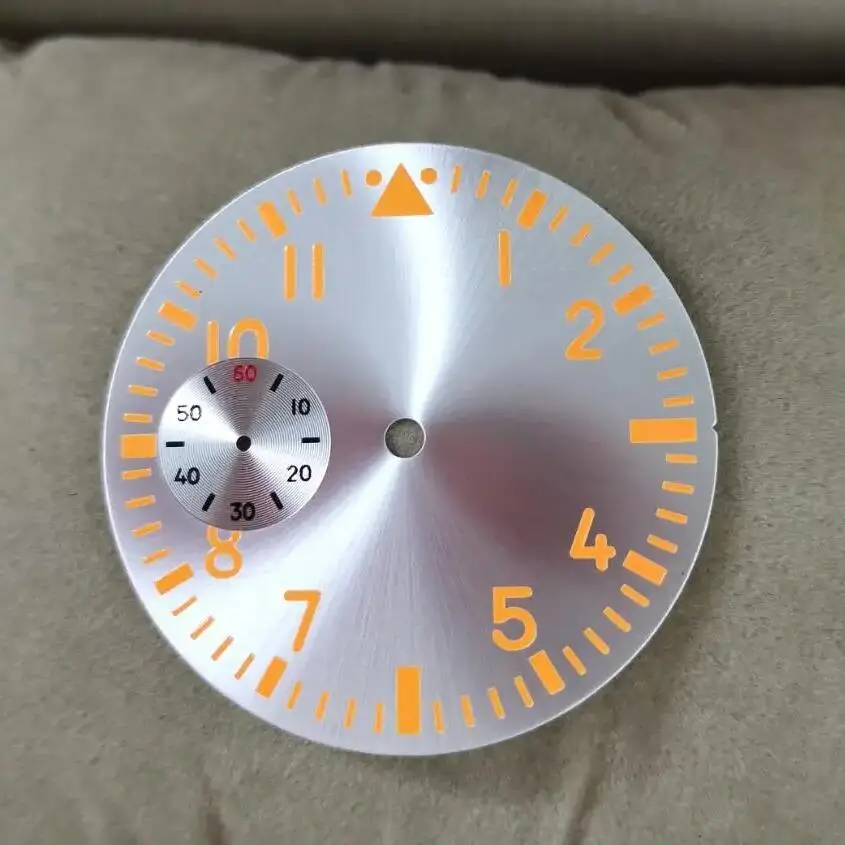 Watch Parts 38.9mm Silvery Dial Orange HandS And Number Yellow Luminous Suitable For eta6497 Or Tianjin ST3600 Movement