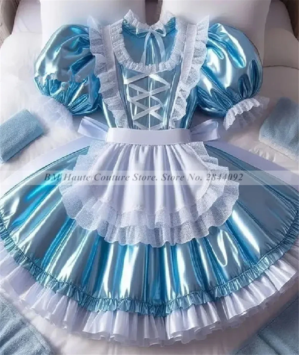 Cosplay Halloween azul vestidos de graduación brillante manga corta sirvienta Lolita gótico cumpleaños Formal vestido de fiesta de noche personalizado BM293
