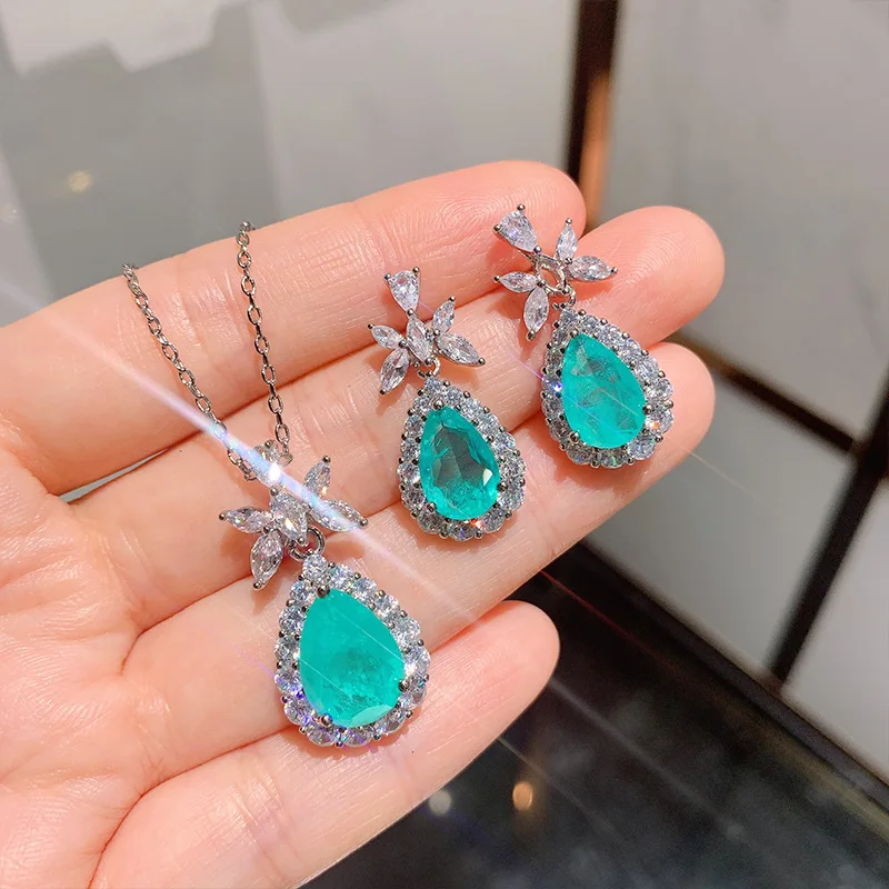 Paraiba Stone Blue Crystal Hoops Women  Pendant Necklace Earrings Bride Retro Vintage Tassel Jewelry Set Anniversary Gift Charms