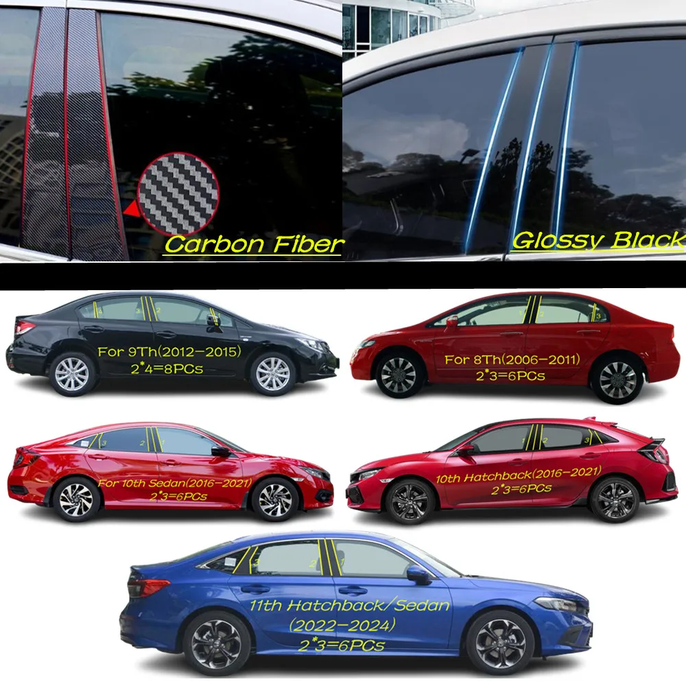 Car PC Material Pillar Post Cover Door Trim Window Molding Sticker For Honda Civic 8th 9th 10th 11th Hatchback/Sedan 2006-2024