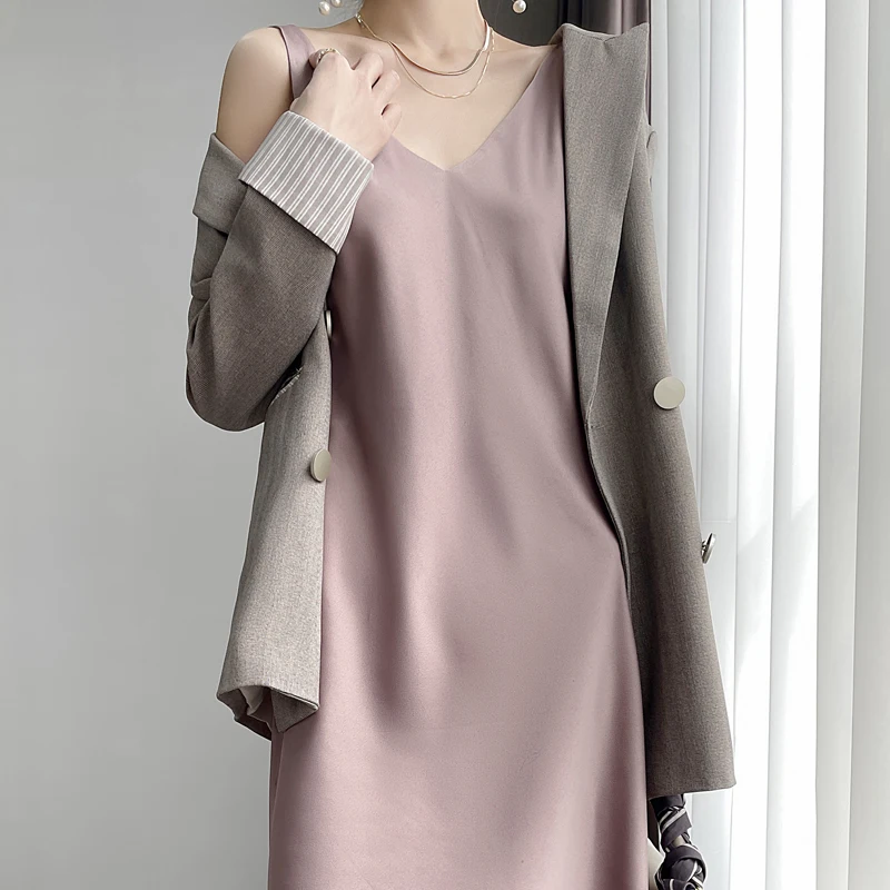 Envoltório de cetim de seda Dr feminino verão novo Sle V-ne Svel A-line Midi Dr cintura alta camada base de cor pura