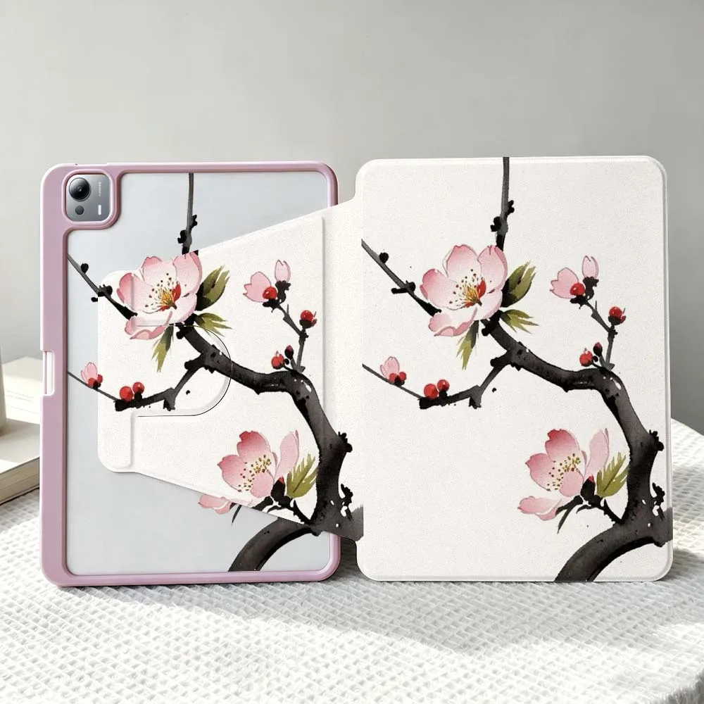 Art Branches Flowers For Xiaomi Mi Redmi Poco Pad 8 7 7S 6 6S 5 SE Pro Ultra 360° Rotation Stylus Storage Tablet Case Soft