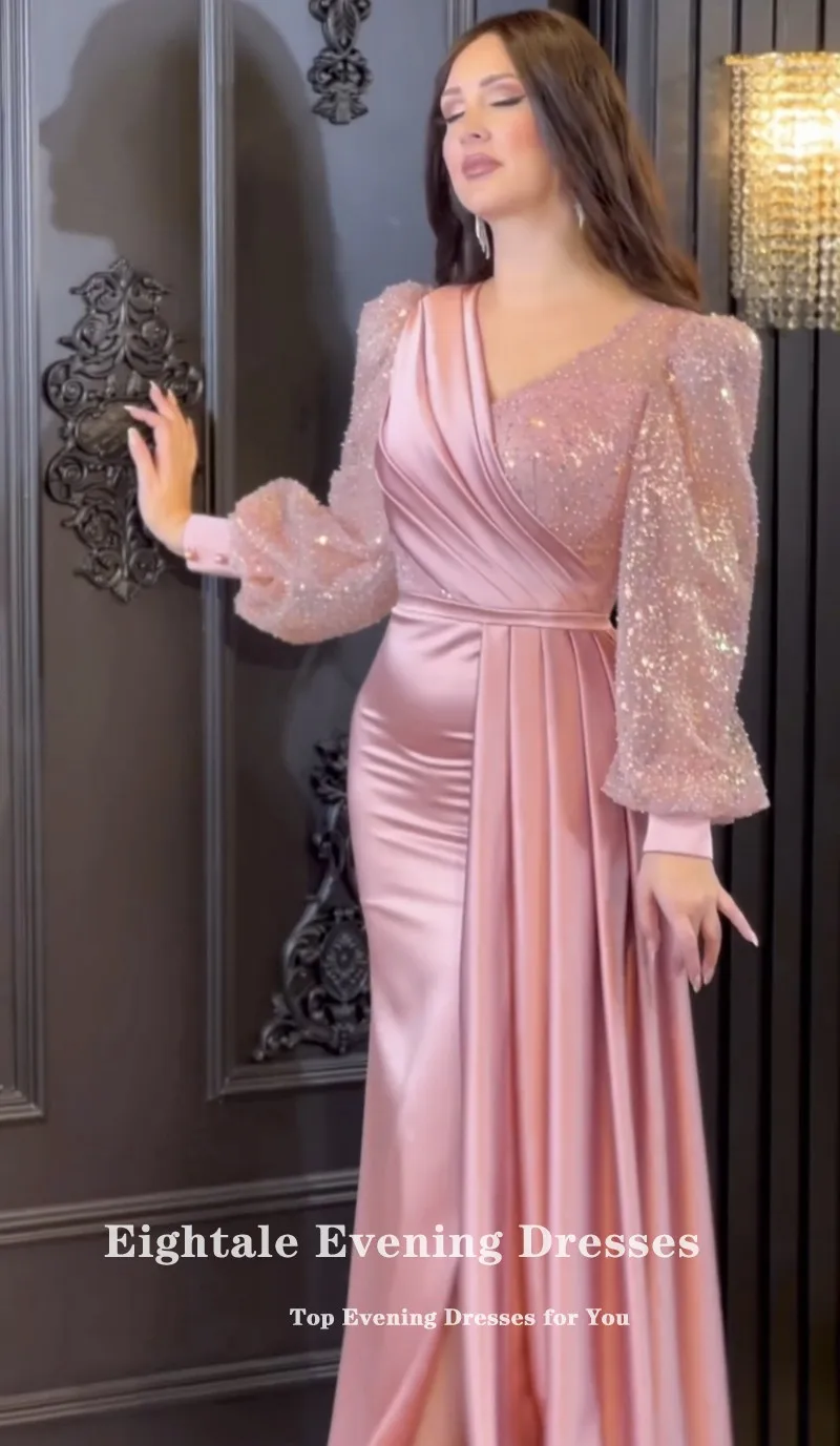 Eightale Luxury Evening Dresses V-Neck Sequined Long Sleeves Custom Made Color Arabic Prom Wedding Party Gown Robe De Soiree