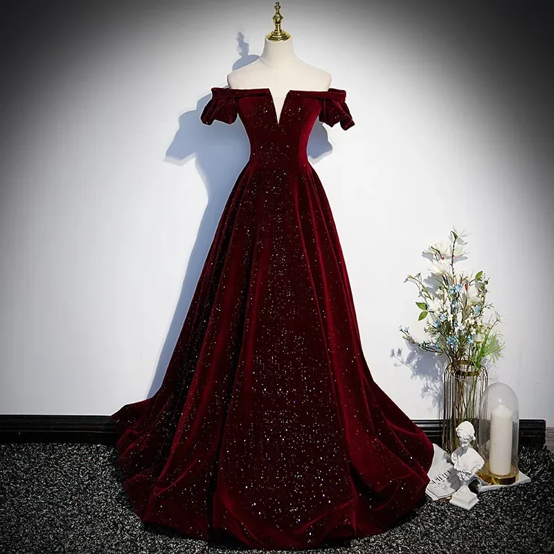 One-shoulder Wine Red Velvet Evening Dress Female Slim Waist Temperament Slim Waist Wedding Party Vestidos Elegant Prom Dresses