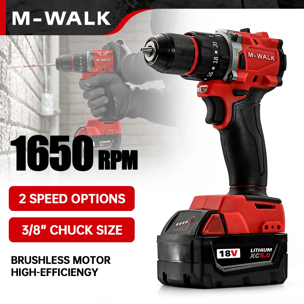 

For 18v Milwaukee Battery Pin M-WALK Brushless Impact Electric Drill 3/8" 60N.m Small Cordless Screwdriver Recharge Power Tools