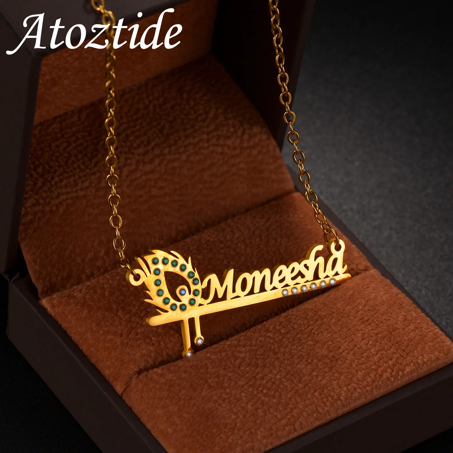 Atoztide Personalized Custom Name Necklace for Women Stainless Steel Zircon Feather Pendant Link Chain Birthday Jewelry Gift