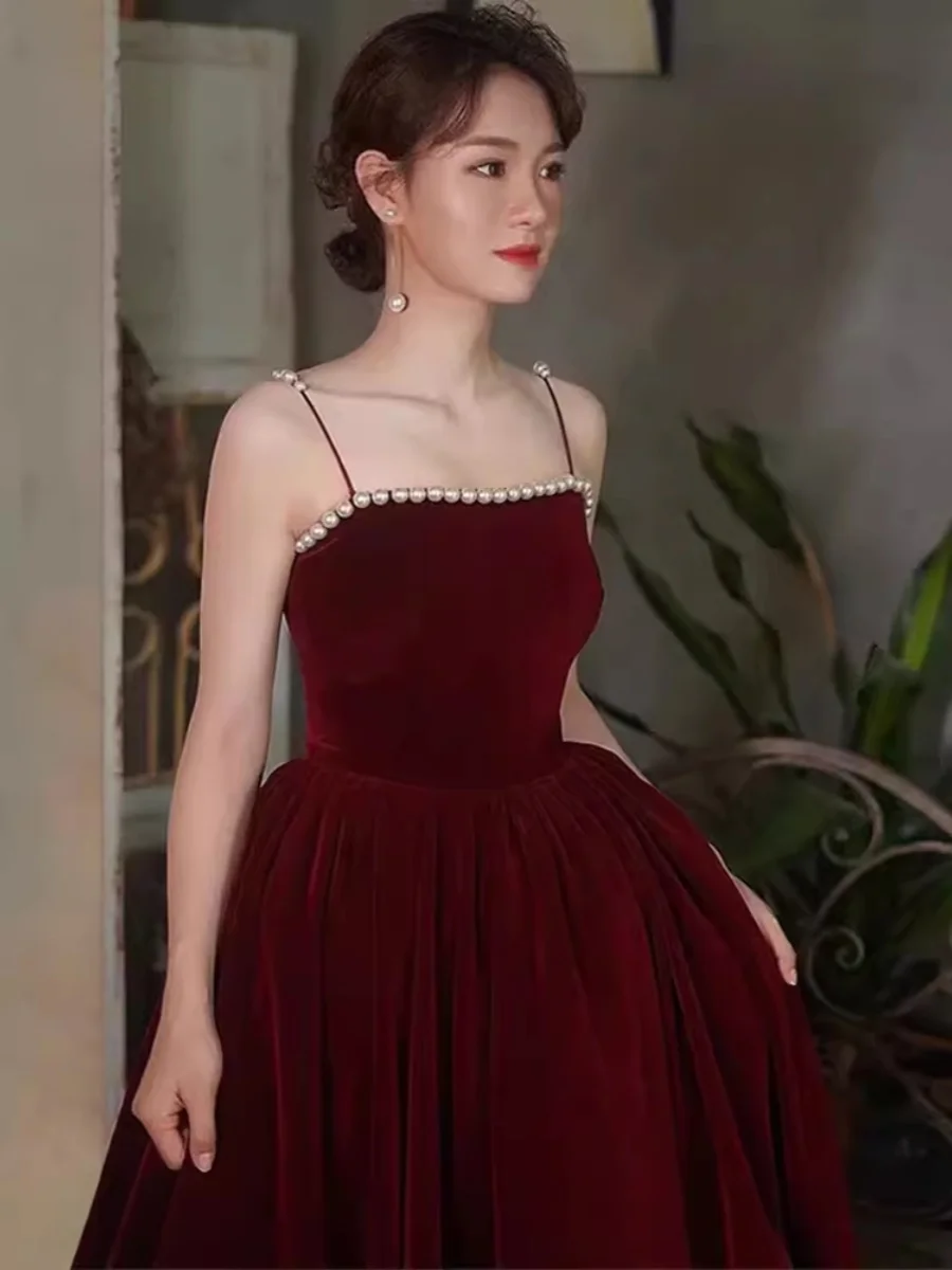 

Ele Red Velvet Wedding Dr Women's Sle Sexy Luxury Mid-Length Gown for Wedding Reception Performance Cany Dinner