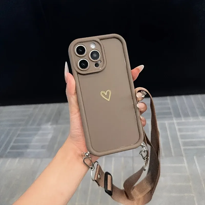 Gold Love Heart Phone Case with Adjustable Rope for iPhone 15 Pro Max product photo