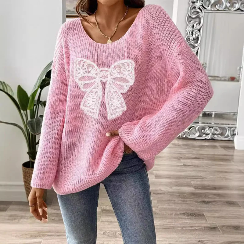 

2025European and American Women's Clothing Bowknot Embroidered Pullover Top Simple Loose Flared Sleeve Sweater