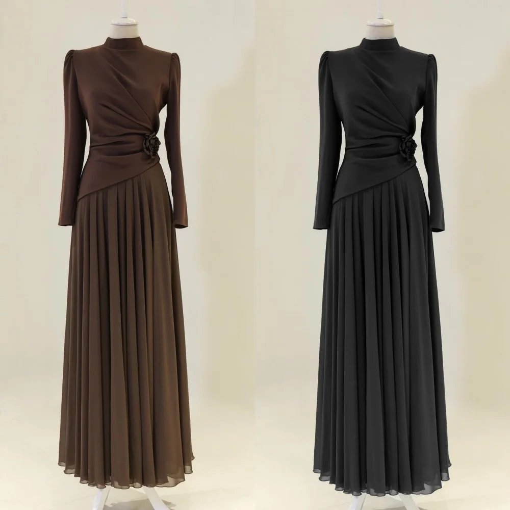 

Customized Matching Exquisite Jersey Pleat Draped Handmade Flower A-line High Collar Long Dresses Bespoke Occasion Dresses Retro