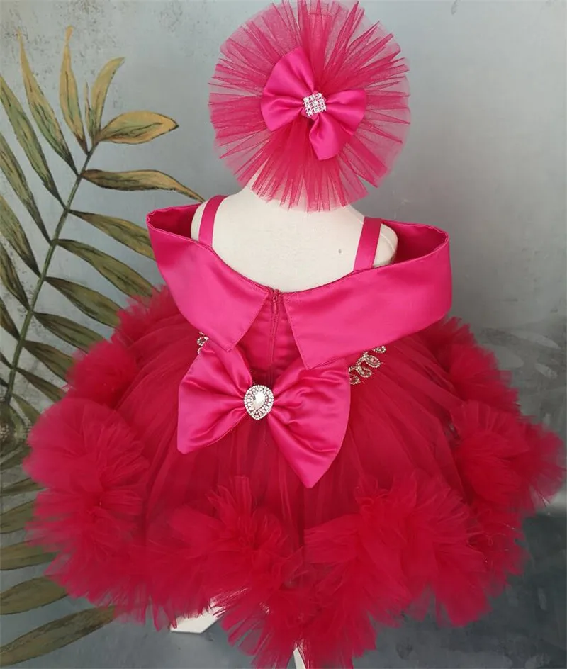 Red Puffy Ball Gown Baby Girl Dresses Off the Shoulder Kids Birthday Dress Tulle Big Bow Girls Christmas Gown Size 1-14Y