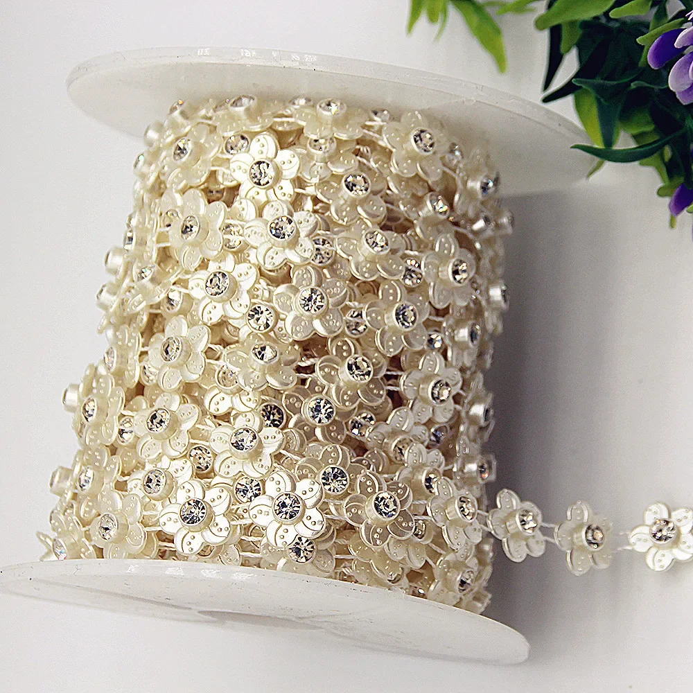 1YD Wedding Toy Imitation Pearl Diamond Chain Inlaid Diamond Bead Chain Skirt Bead String Plastic Lace Ethnic Accessories