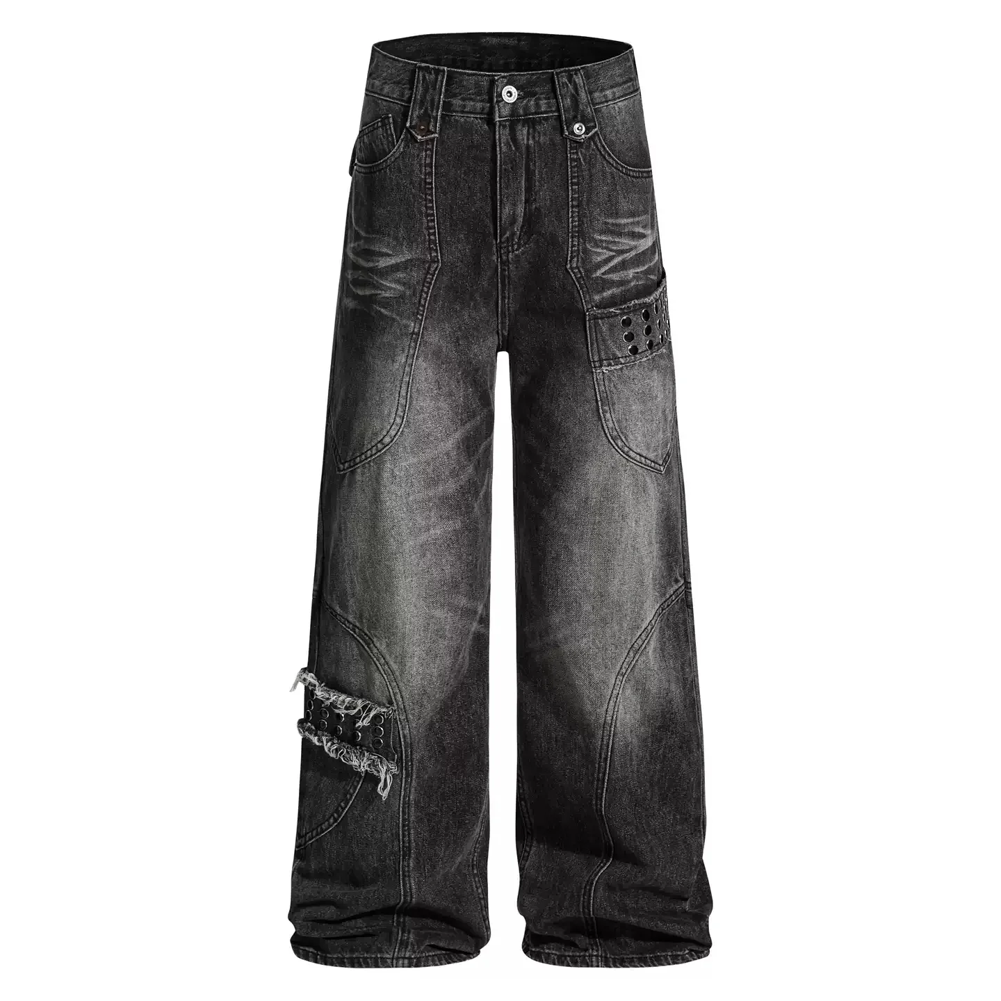 

American Style Washing Distressed Cat's Eye Button Design Loose Splicing Jeans Unisex Straight Wide Leg Full Length Pants