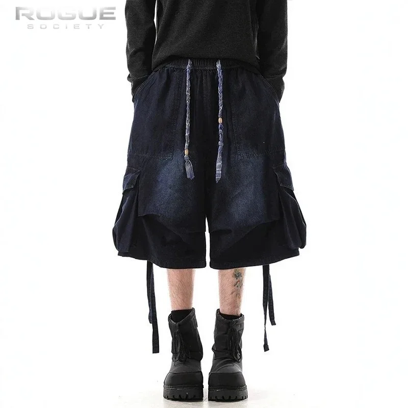 New High Street Washed Denim Men Summer Shorts Pleated Cargo Men Big Pocket Ribbon Drawstring Streetwear Tactical Capri Trousers