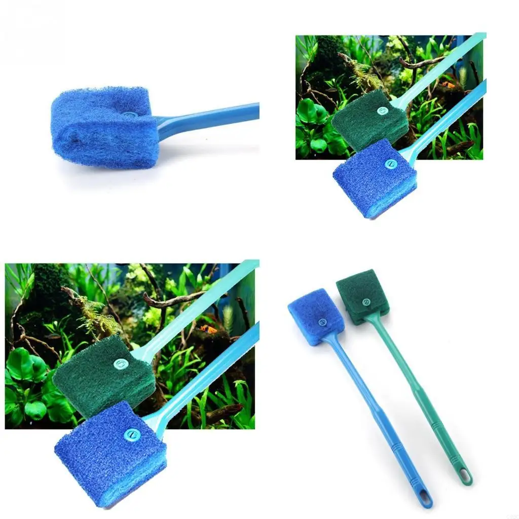G92C Aquarium Fish for Tank Algaes Cleaning Brush Double-Sided Sponge Non-Slip Handle Cleaner for Glass Aquariums Home Kitche