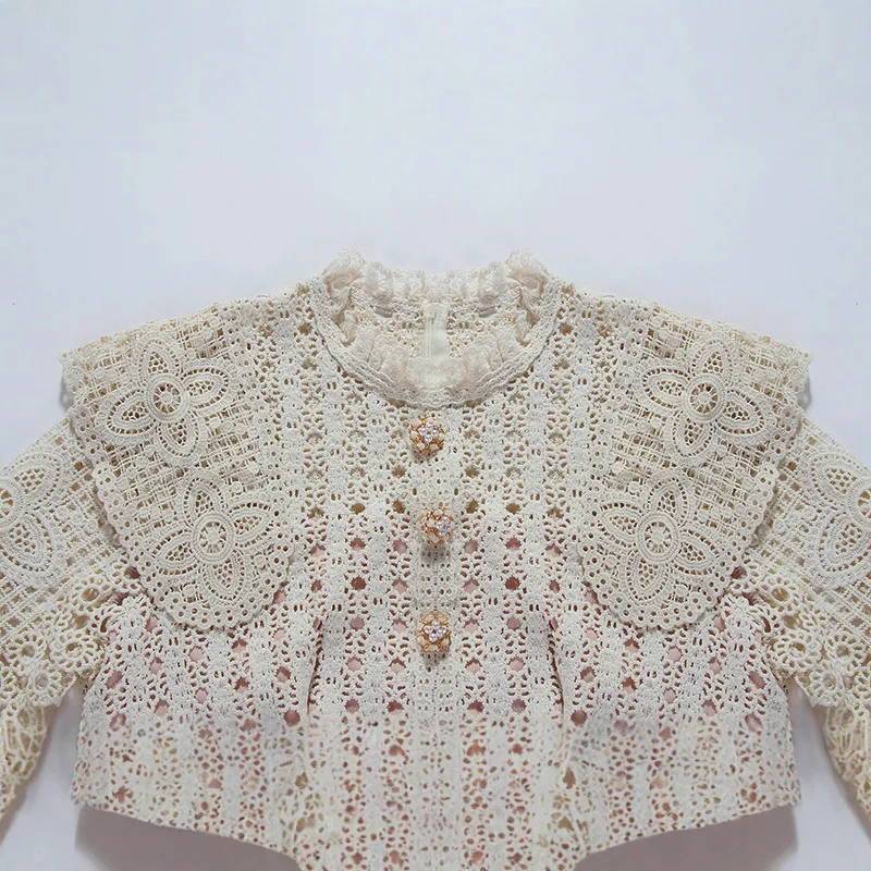 Damska koronkowa sukienka z długim rękawem, ażurowa, elegancka, dopasowana sukienka midi.