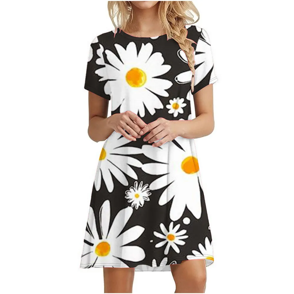 3D Daisy Print Dresses For Summer Plant Flowers Short Sleeve Dress Fashion O-Neck Loose Dress Oversized Women Casual Clothing