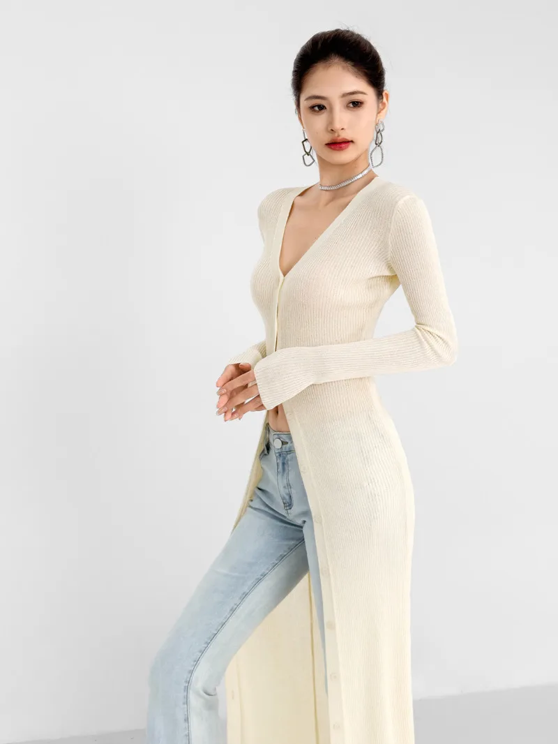 Sunscreen Long Sleeved V-neck Cardigan Women\'s Summer Slight Transparent Thin Style Temperament High Elastic Slit Slim Top 2WX0