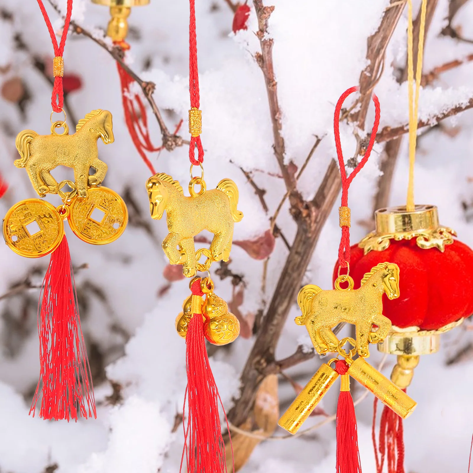 6 Peças de Ornamentos Pendentes com Nó Chinês e Borla, Pingente de Cavalo, Amuleto da Sorte Feng Shui para Riqueza, Prosperidade e Sucesso, Decoração de Festival da Primavera