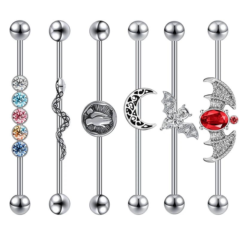 ZS 14G Snake Indutrial Earring Piercing Stainless Steel Bat Moon Long Earring Industrial Barbell Earring Crystal Studs Earring