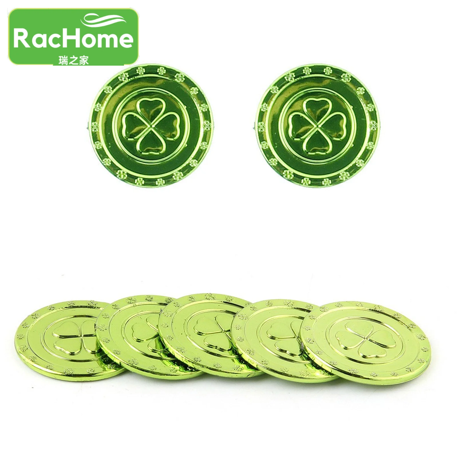 Green Gold Silver St. Patrick's Lucky Shamrock Plastic Coins Treasure Hunt Game Props 100pcs Party Gift 3-leaf Clover Coin Decor