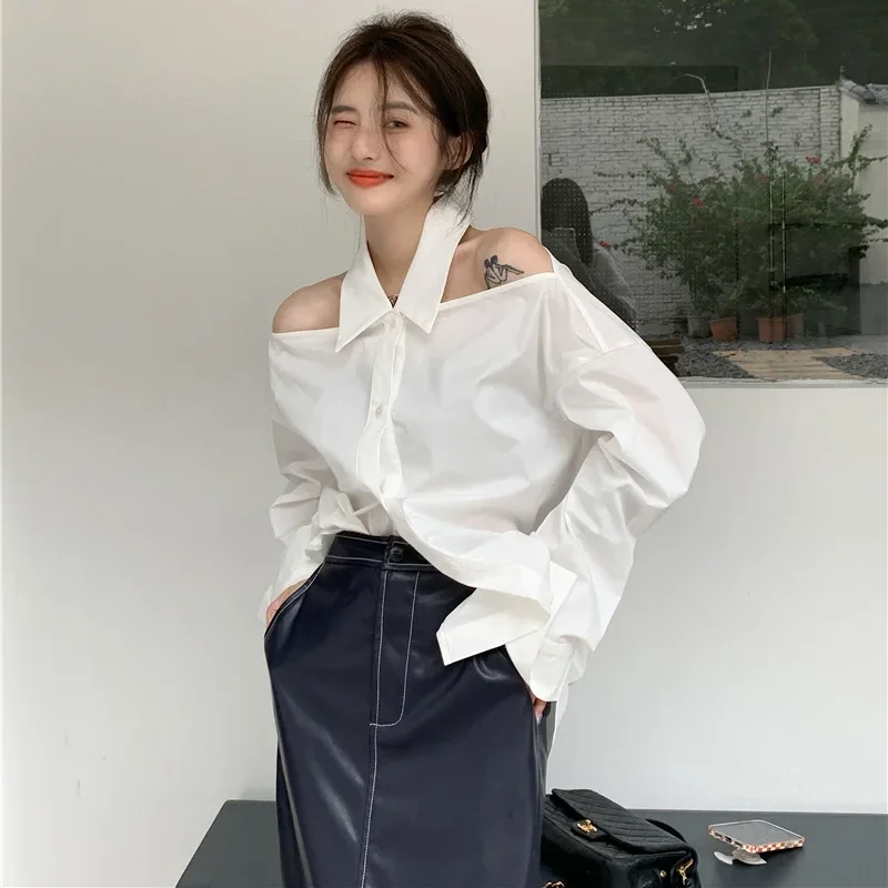 White Shirts Women Off-shoulder Long Sleeve Halter Korean Fashion Designed Y2k Tops Camisas Loose All-match Elegant Blusas Mujer