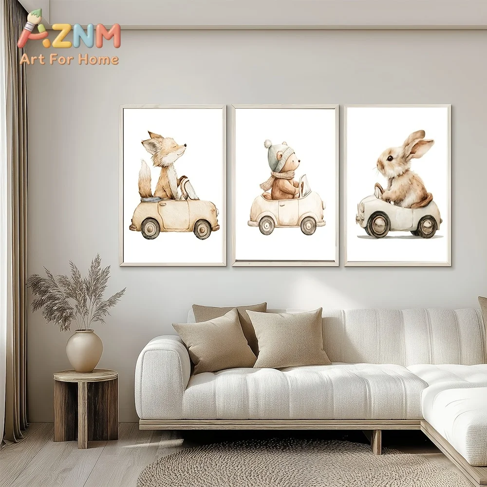 AZNM Watercolor Cartoon Animal Driving Car Canvas Wall Art Fox Bear Rabbit Pattern Frameless Canvas Painting Nursery Kids Room H