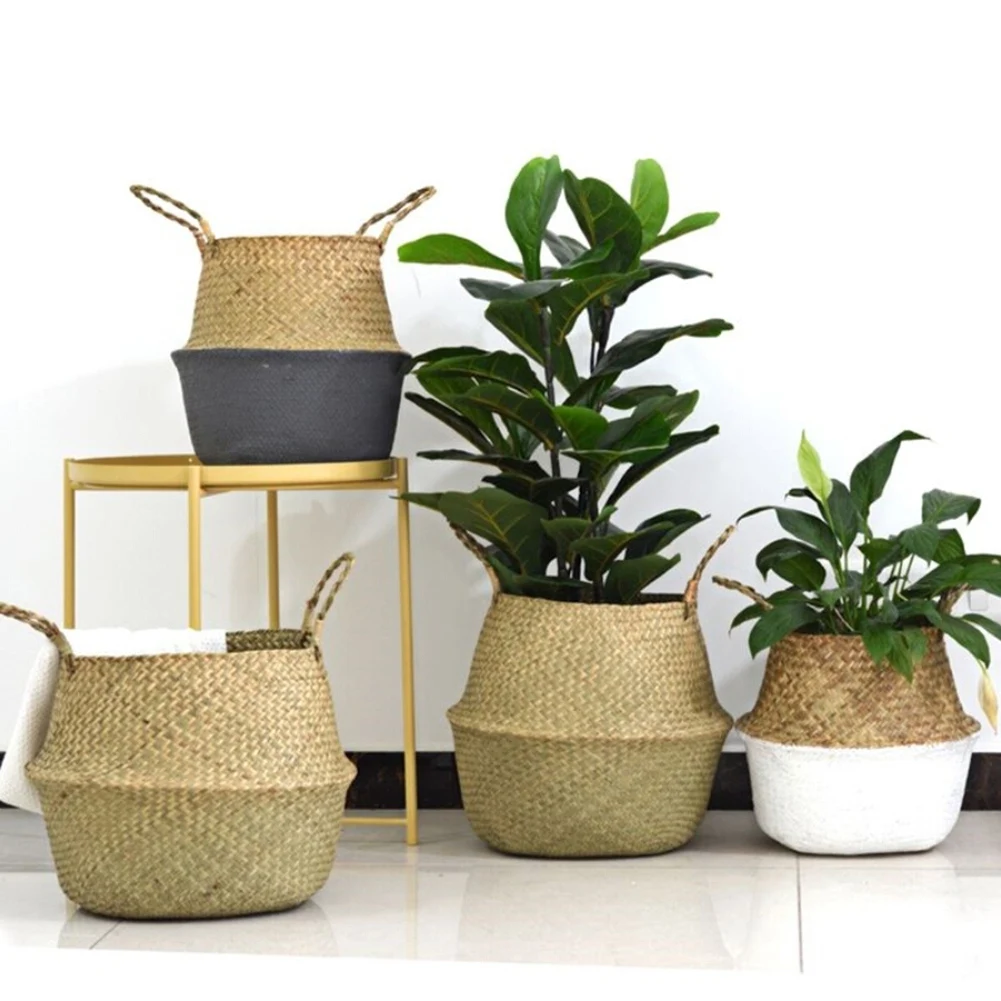 

Storage Baskets Straw Wicker Rattan Hanging Flowerpot Seagrass Folding Laundry Clthoes Baskets Garden Plant Basket Home Decor