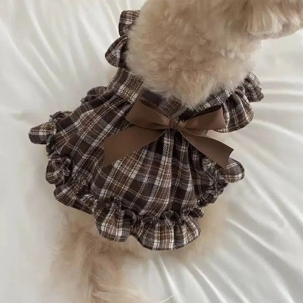 

Retro Pet Plaid Strap Skirt Soft Breathable Dog Vest Dresses Flying Sleeve Thin Design Cat Plaid Pleated Shirt Four Season