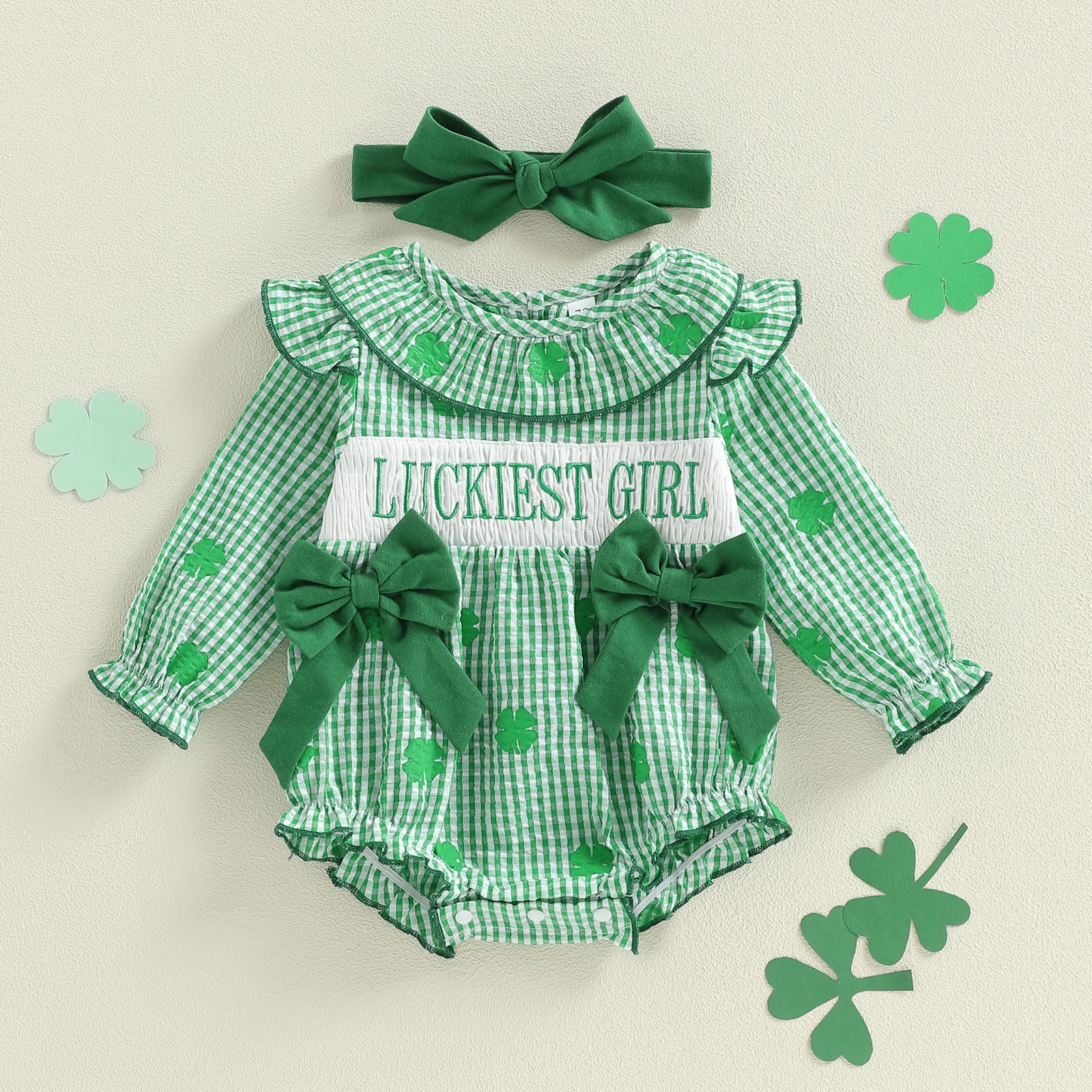 Spring St. Patrick's Day Infant Baby Girl Outfits Long Sleeve Letter Embroidery Bodysuit Headband Set Clothes