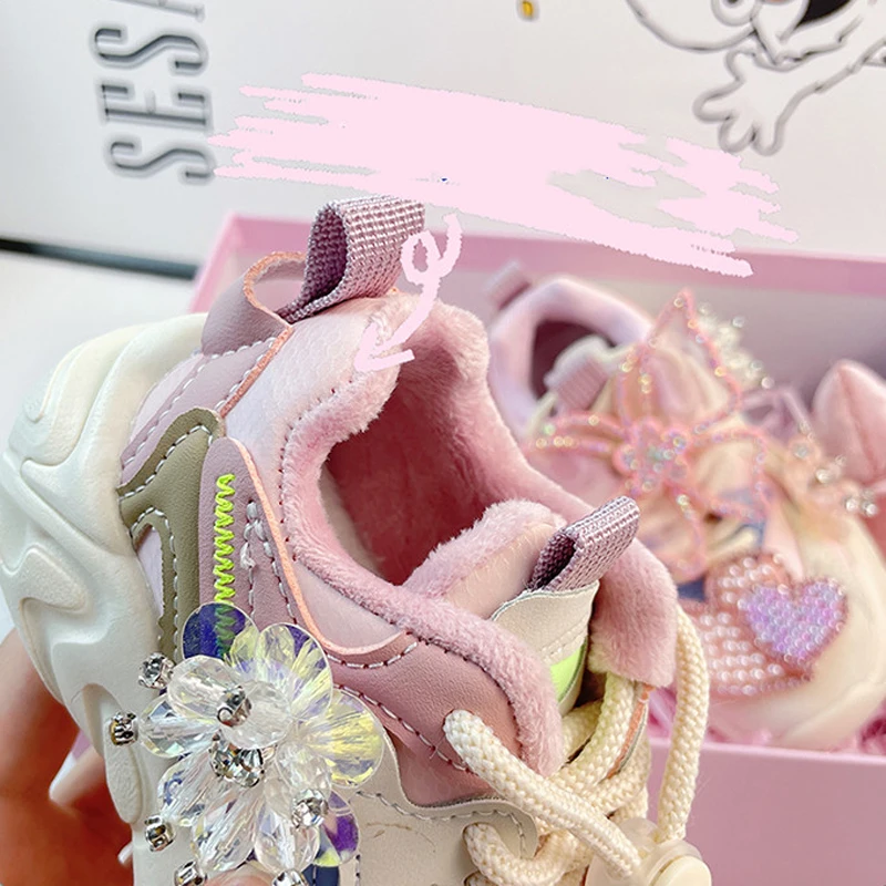 Girls Sneakers 2023 Autumn Winter Kids Fashion Brand Princess Running Sport Shoes Toddler Flats Children Warm Crystals Soft Sole