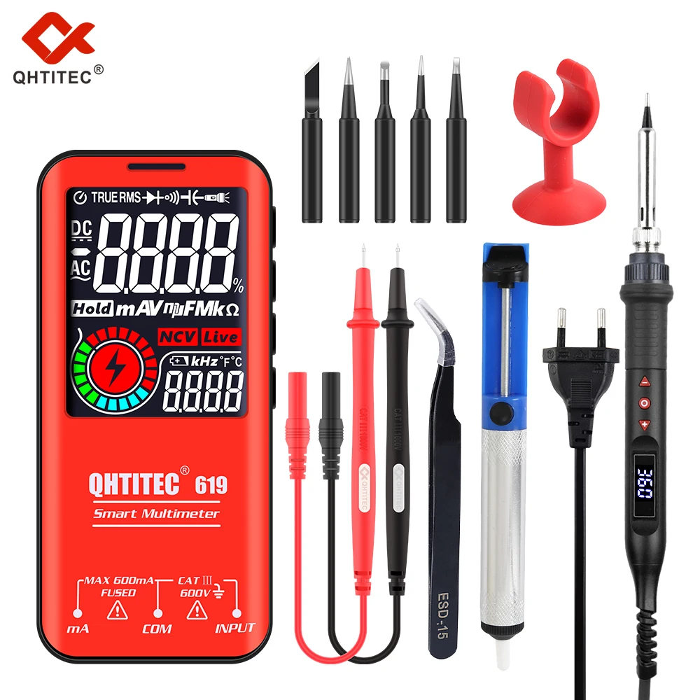 

QHTITEC 619 Digital Multimeter Solder Iron Kit 6000 Counts Tester T-RMS DC AC Voltage Capacitance Ohm NCV Multimetro USB charg